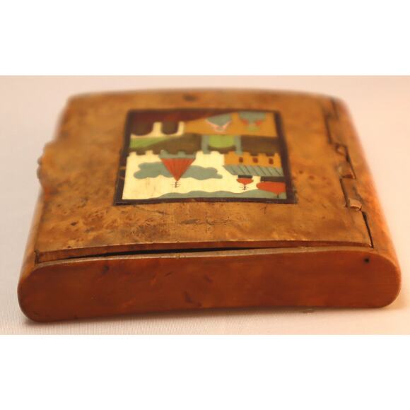 Russian Imperial Era Burl Cigarette Box Inlaid Babushka Scene Lid - Picture 8 of 10